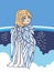 Sad angel in the sky and ocean background.