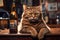 Sad anthropomorphic cat at a bar counter with a bottle of beer, symbolizing a post-work exhaustion. Photorealistic generative AI