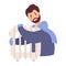 Sad bearded man in scarf and mittens, freezes and warms himself near battery. Vector illustration