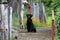 Sad black Labrador Retriever with dark green leather collar sitting on concrete stairs waiting for his friend to come back home