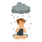 Sad boy character sitting under stormy rainy clouds vector Illustration