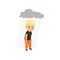 Sad boy standing under stormy rainy clouds vector Illustration on a white background