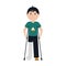 A sad boy in a t-shirt and pants stands with a broken leg on crutches. The leg fracture was fixed with a cast. Color vector