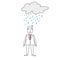 Sad businessman standing under a rainy cloud.