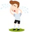 Sad cartoon football outfield player crying many tears standing on green, funny vector illustration