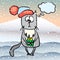 Sad cat in red hat,gift in hand,speech bubble template,