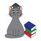 Sad cat student with a stack of books. Hello school. Children`s illustration in the style of a doodle. Vector