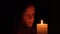 Sad Child with Candle, Pensive Kid in Night, Prayer Girl Portrait View, Face
