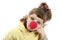 Sad clown nose little girl with big glasses