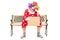 Sad clown sitting on bench and holding a sign