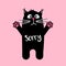Sad cute cat with text Sorry. Kawaii black cat on pink background.