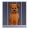 Sad dog in shelter cage icon, cartoon style