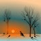 Sad dog. Winter landscape with sunset in the woods with animals.