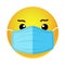 A sad emoticon with a medical mask over its mouth. Vector illustration