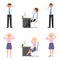 Sad, exhausted, miserable office boy, girl vector. Standing unhappily, talking on phone, depressed man, woman cartoon character