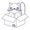 Sad face cat sitting in cardboard box abandoned pets lineal design