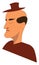 Sad face of a partially-bald man wearing a brown shirt and a small hat vector color drawing or illustration