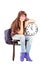 Sad female student sitting on a chair and holding a clock