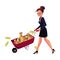 Sad, frustrated woman, girl, businesswoman pushing wheelbarrow with money bags