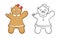 Sad gingerbread girl cookie with bite outline and colored doodle cartoon illustration set. Winter Christmas food theme coloring