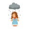 Sad girl character sitting under stormy rainy clouds character vector Illustration