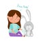 Sad Girl Feeling Pity about Fluffy Hare Toy with Bandaged Paw Vector Illustration