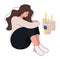 Sad girl mourns. Cartoon sad woman sitting alone with candles. Flat vector illustration. Loss, grief, pain, death