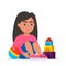 Sad girl sitting on floor surrounded by toys. Autism, child stress, mental disorder, anxiety, depression, stress, headache. Vector