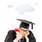 Sad graduate student holding diploma and a cloud floating over h