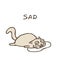 Sad gray cat Tik lies in tears. Vector illustration