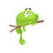 Sad Green Frog Funny Character Hanging From The Branch Childish Cartoon Illustration