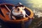 Sad hamster sailor in a small boat. cartoon character