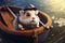 Sad hamster sailor in a small boat. cartoon character