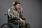 Sad handicapped military man suffering from loneliness