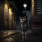 Sad kitten standing in alley dark rainy night