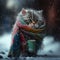 Sad kitten wearing colorful stylish scarf standing on winter path in snow blizzard. Generative AI