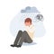 Sad lonely Asian high school boy in depression. Young unhappy boy sitting and cry. Depressed in teenager. Flat vector cartoon