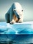 Sad looking endangered polar bear on melting ice block