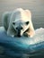 Sad looking endangered polar bear on melting ice block