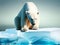 Sad looking endangered polar bear on melting ice block