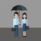 Sad man and girl under an umbrella, pixel art style illustration