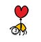Sad man with grin flies on the balloon in heart shape. Vector illustration of person in love against his will.