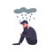 Sad man sits in the rain. Sadness dreary lonely depressed young man thinks about the bad. Unhappy guy. Mental disorder.