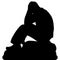 Sad man sitting close up on a stone, holding his hands behind his head, silhouette on a white background,