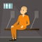 Sad man sitting in prison. Person in orange clothing
