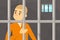 Sad man standing in prison. Person in orange clothing