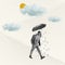 Sad man walking under umbrella on abstract background with drawings. Bright contemporary collage. Art, fashion and