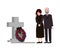 Sad man and woman dressed in mourning clothes standing near grave with tombstone and wreath. Grieving people or