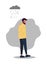 Sad man. A young man goes sadly looking down. Rain, clouds, a sad look. Vector illustration