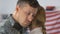 Sad military husband hugging girlfriend, looking in camera closeup, farewell